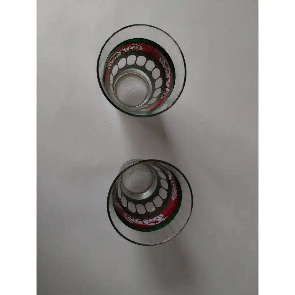 Vintage Collectible Coca Cola Glass Set of 2 Red Green White 5 and 1/2